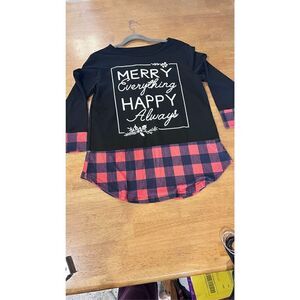 MERRY EVERYTHING HAPPY ALWAYS CHRISTMAS SWEATSHIRT BLACK BUFFALO PLAID SZ M
